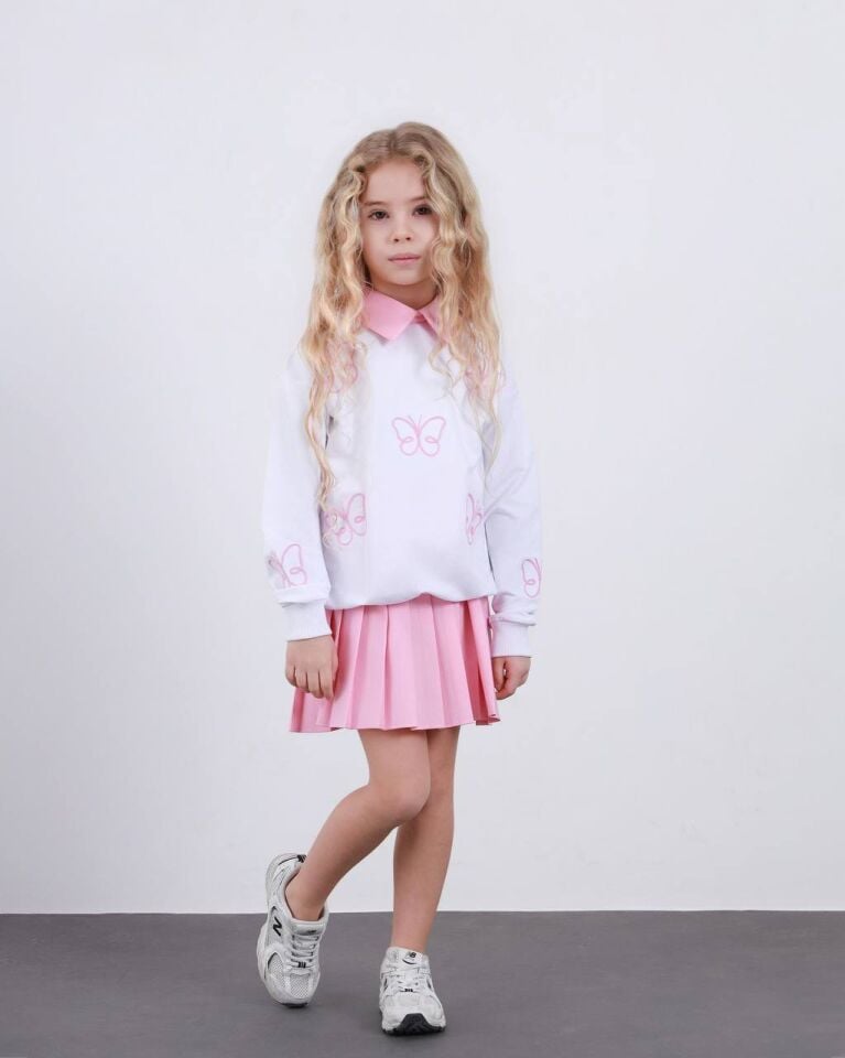 Beyaz Pembe Kelebek Desenli Üst-Pembe Pileli Etekli Takım