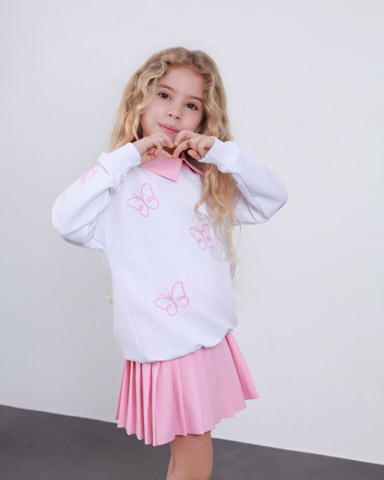 Beyaz Pembe Kelebek Desenli Üst-Pembe Pileli Etekli Takım