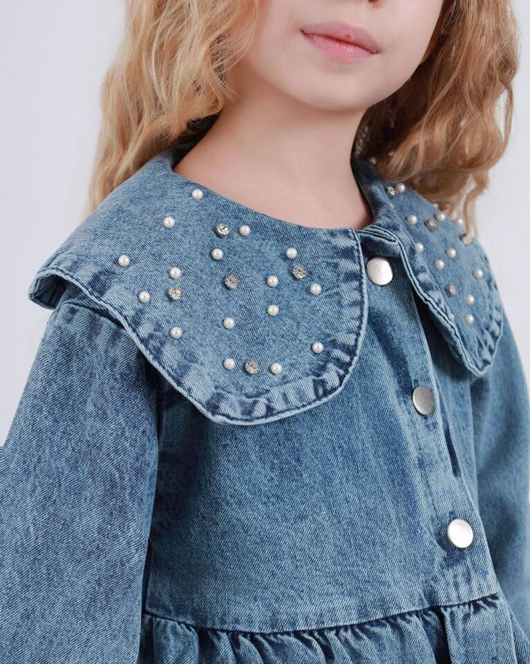 İncili Önden Metal Düğmeli Kolu Büzgülü Kot Elbise