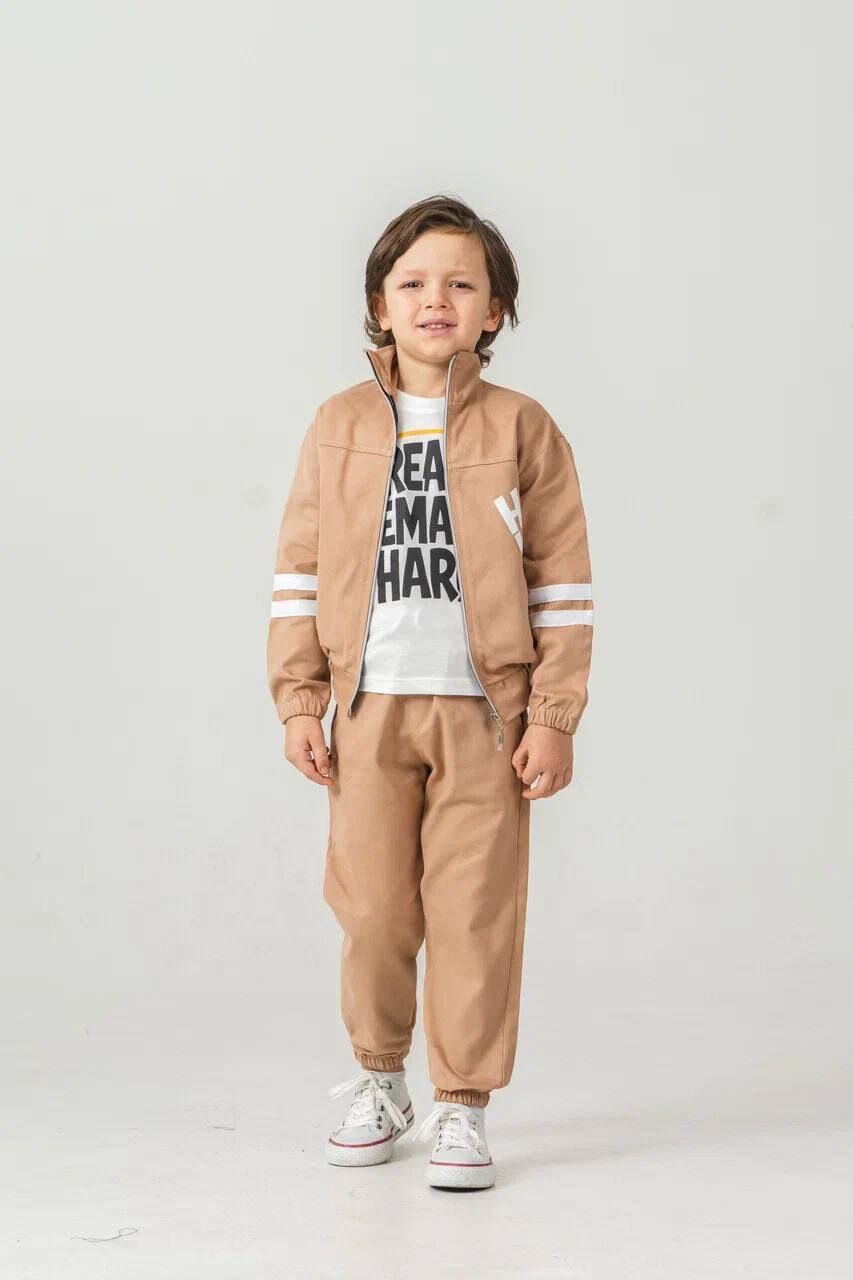 Erkek Çocuk Kahve Fermuarlı Paça Lastikli Gabardin Takım