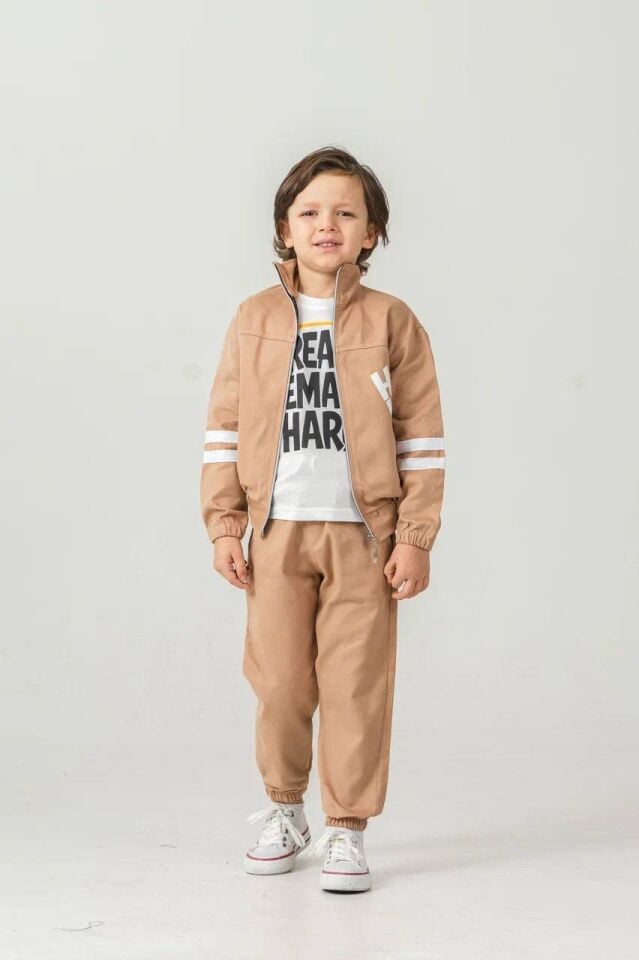 Erkek Çocuk Kahve Fermuarlı Paça Lastikli Gabardin Takım