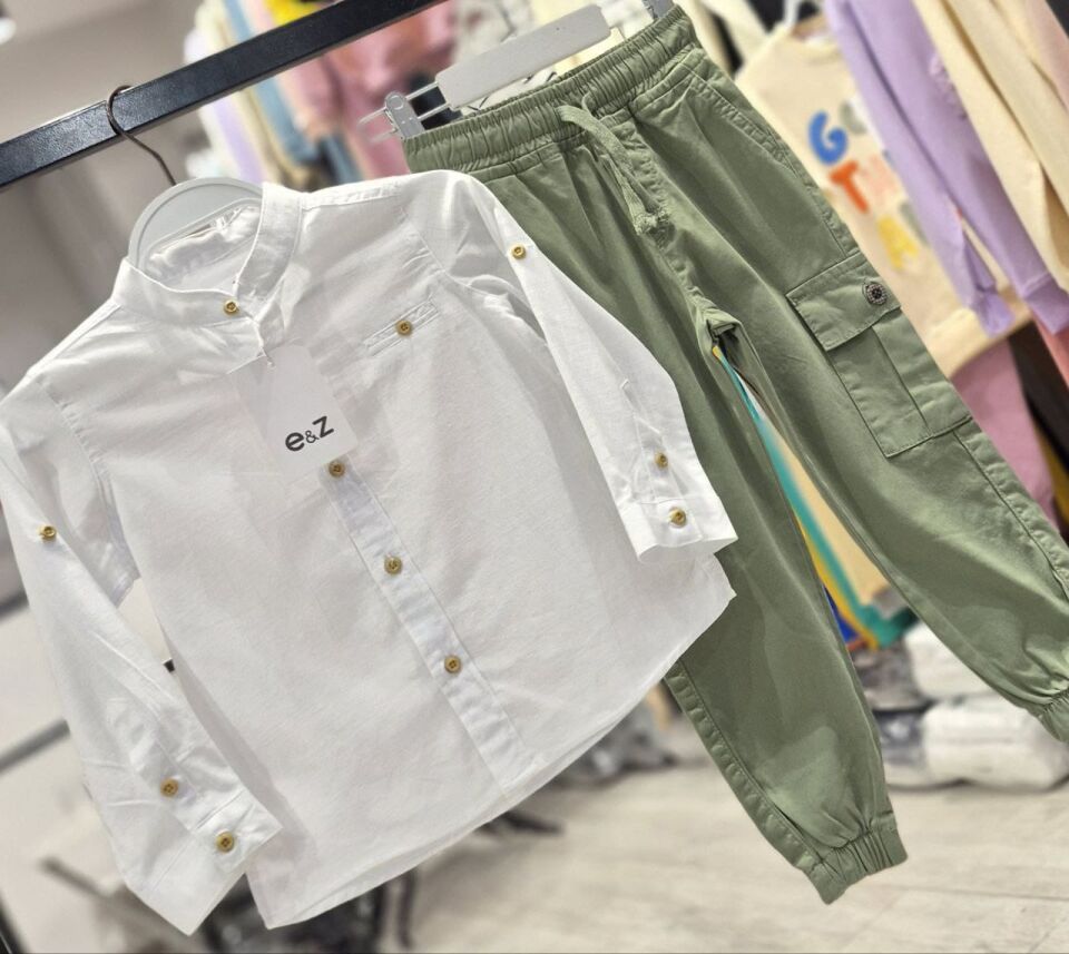 Erkek Çocuk Üst Beyaz Müslin Alt Yeşil Gabardin Kumaş İkili Takım