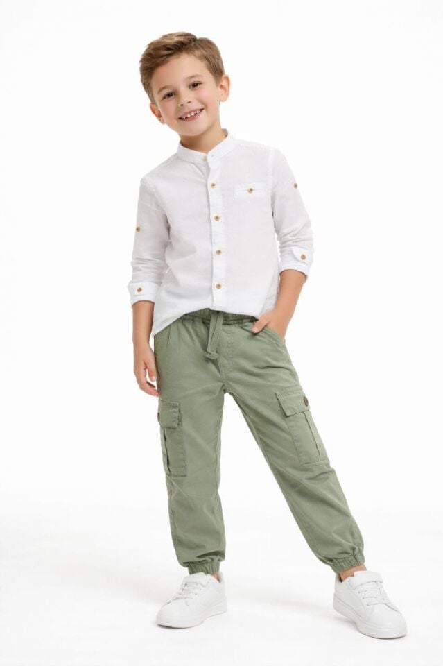 Erkek Çocuk Üst Beyaz Müslin Alt Yeşil Gabardin Kumaş İkili Takım