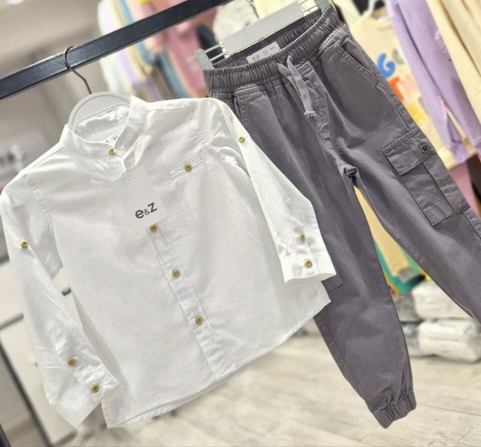 Erkek Çocuk Üst Beyaz Müslin Alt Gri Gabardin Kumaş İkili Takım