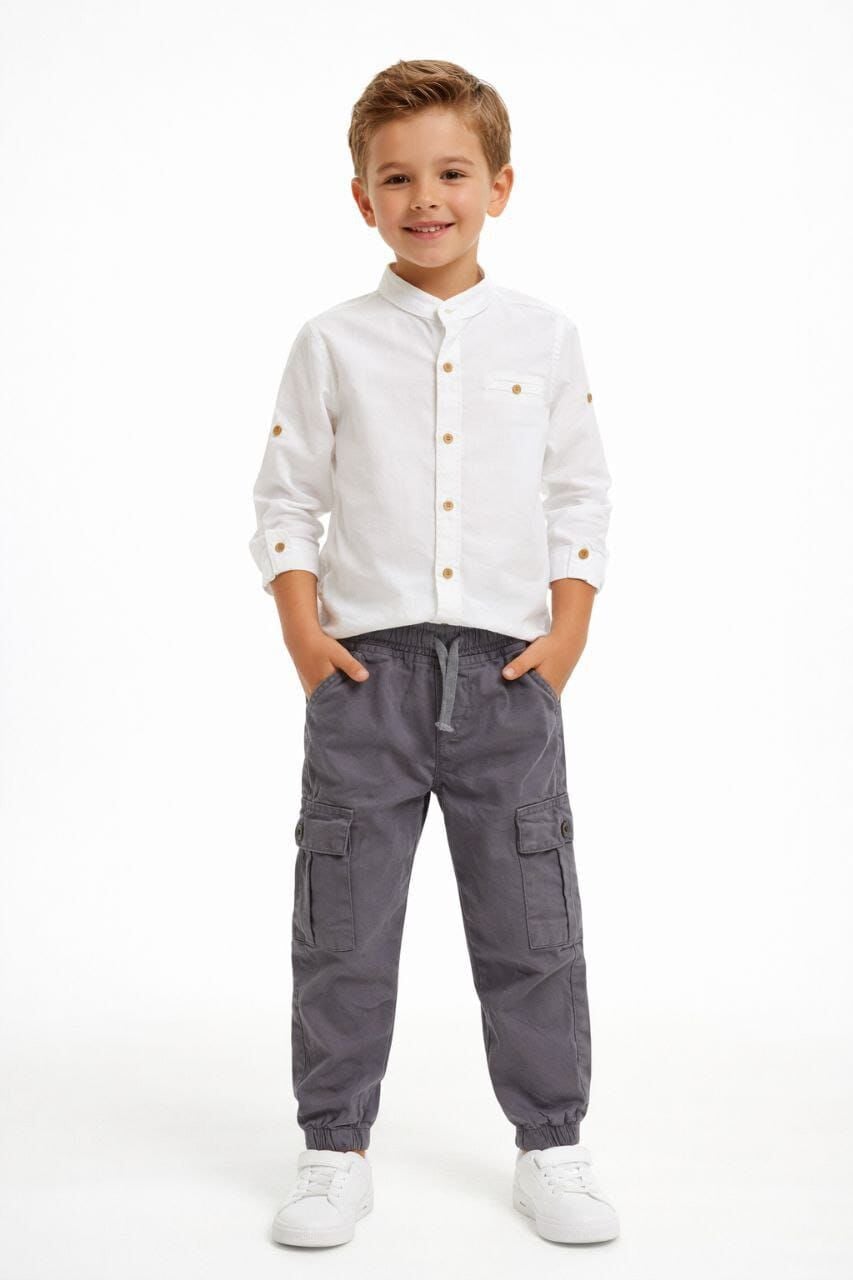 Erkek Çocuk Üst Beyaz Müslin Alt Gri Gabardin Kumaş İkili Takım