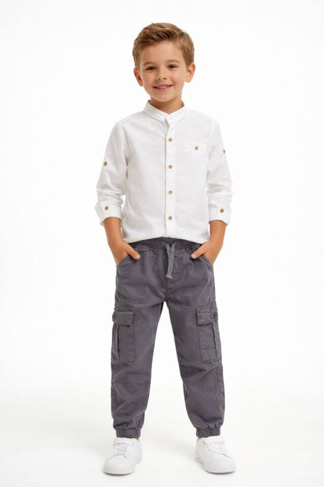 Erkek Çocuk Üst Beyaz Müslin Alt Gri Gabardin Kumaş İkili Takım